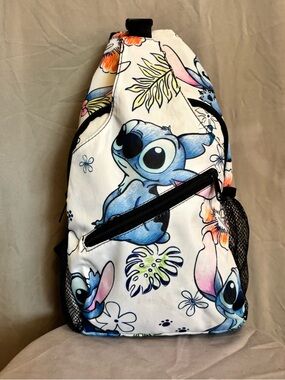 Stitch Print Sling Backpack - White & Blue Floral Design